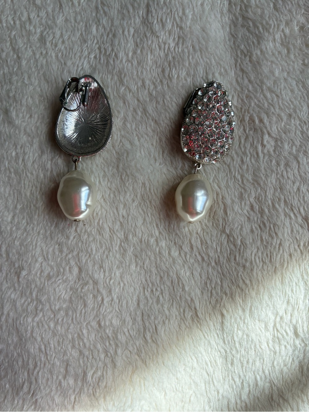 Silver Crystal Teardrop Clip-On Earrings with White Pearl Drop